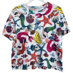 Zara M Mermaids Shells Fish S/S Graphic Tee T Shirt Retro Colorful Beach Resort